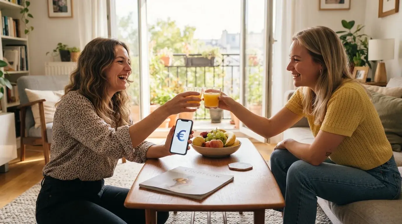 Due amici brindano con bicchieri di succo su un tavolino da salotto, sorridendo mentre uno tiene in mano uno smartphone.
